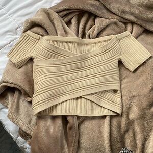 Beige Off-Shoulder Ribbed Top